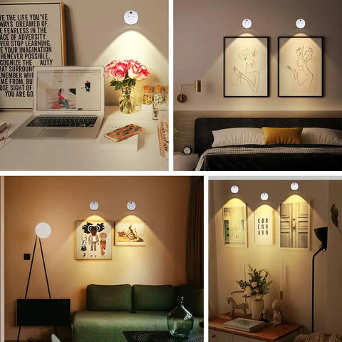 Cordless Battery Operated Spotlight with Remote and Button Control, dimmable LED uplighting for wall art and indoor accent lighting in bedroom.