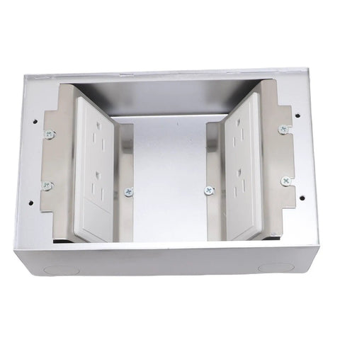 Badass Recessed Floor Power Outlet Kit With 4 Stainless Steel Sockets Flush Mount Pop Up Box, top view showing sockets in silver frame.