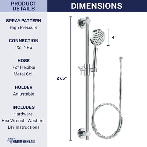 Solid Metal 27.5 Inch Shower Slide Bar Set With Handheld Shower Head And Hose Chrome Finish 2.5 GPM High Pressure Spray Wand
