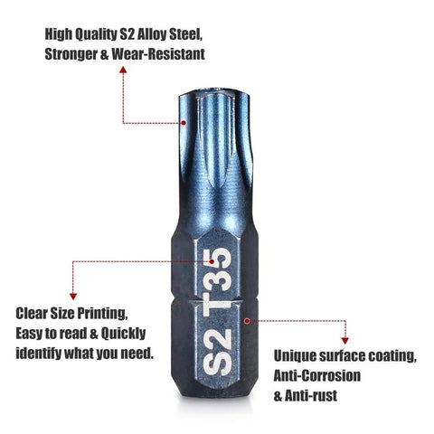 Heavy Duty 16 Piece Security Torx Bit Set T5 To T50 With S2 Steel Construction close-up of T35 bit, anti rust finish