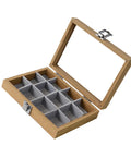Premium Solid Wood Stackable Jewelry Tray Featuring 12 Grids For Earrings And Trinkets Pro Grade Display Organizer Box with open lid