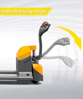Handle working angle detail of Heavy Duty 3300 Lb Capacity Electric Pallet Jack Truck with solid forks.