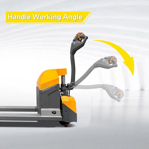 Handle working angle detail of Heavy Duty 3300 Lb Capacity Electric Pallet Jack Truck with solid forks.