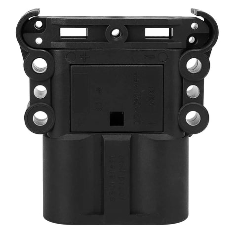 Heavy Duty 160A Wire Connectors Plugs Rated At 150V For Electric Forklifts And Stackers High Current Capacity Male Electrical End Pins, black connector front view.