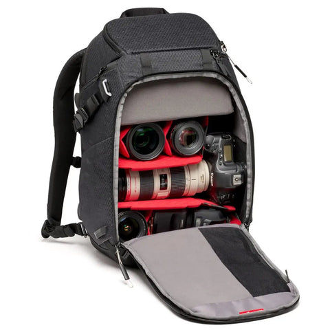 Pro Photo Backpack For Camera Gear Loadout With Four Access Points Front And Side Entry Triple Mode Interior Open View