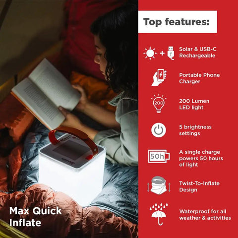 Person reading in tent with Your Go To Quick Inflate 2 In 1 Solar Lantern And Phone Charger illuminating