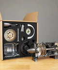1/3 Scale Turbojet Engine Kit For Aircraft Gearheads, 100-Piece DIY Model With Realistic Fan Blade Action, CNC Machined Parts, Premium Resin Components, Build Your Own Jet Engine displayed open with parts
