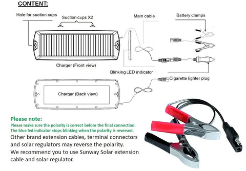 Diagram of Portable 12V Solar Battery Trickle Charger And Maintainer Kit With Four Watt Panel, including components and connections.
