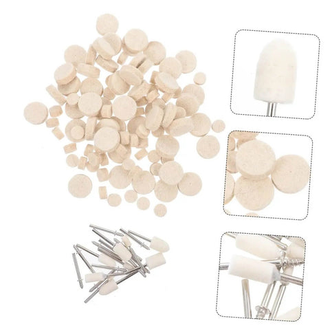Pro Grade Wool Buffing Wheels Set With Mandrel Shaft And Wool Felt Polishing Pads Kit For Rotary Tools, Heavy Duty Industrial Polisher Accessories For Metal, Jewelry And Car Surface Finishing Projects, assorted wool pads with mandrels displayed.