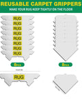 16 Pack Non Slip Carpet Tape and Rug Pads for Area Rugs, reusable corner pads shown in layers with dimensions, black color