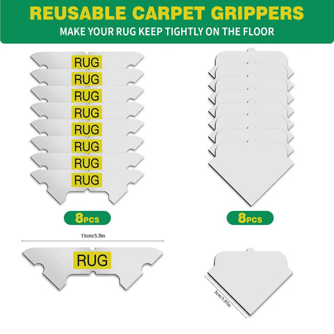 16 Pack Non Slip Carpet Tape and Rug Pads for Area Rugs, reusable corner pads shown in layers with dimensions, black color