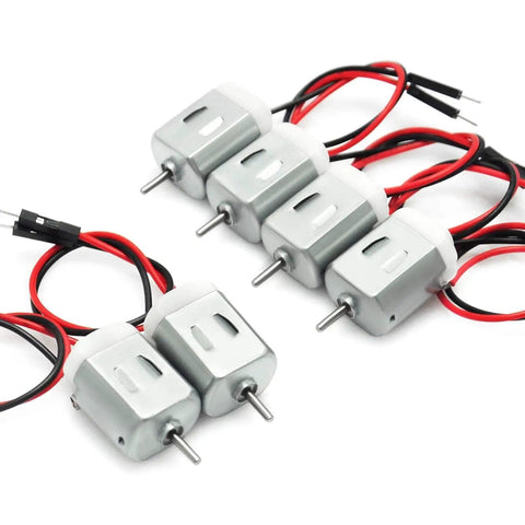 10 Pack Tiny DC Motors 1-6V Micro 130-Size Motors, 15x20mm, silver housing, red and black wires, for DIY robotics projects.