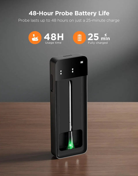 Smart Wireless Meat Thermometer With Bluetooth And WiFi Ultra Range showing charging case with 48-hour battery life graphic.