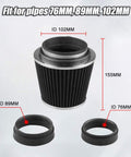 Universal Clamp On Air Intake Filter Kit For Cars And Motorcycles With Three Size Adapters 3In 3Point5In 4In High Performance Washable Replacement Filter To Boost Horsepower And Snap The Throttle Black showing adapters for various pipe sizes.