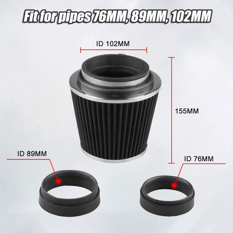 Universal Clamp On Air Intake Filter Kit For Cars And Motorcycles With Three Size Adapters 3In 3Point5In 4In High Performance Washable Replacement Filter To Boost Horsepower And Snap The Throttle Black showing adapters for various pipe sizes.