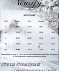 Size chart for Women's Insulated Waterproof Snow Bibs For Skiing And Winter Outdoor Adventures with snow background.