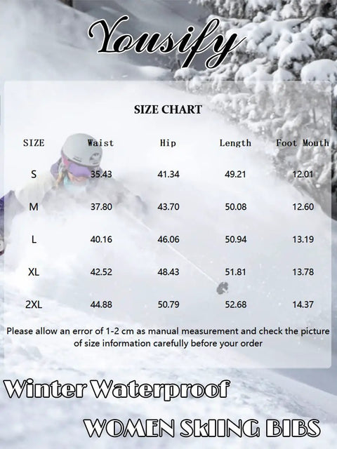 Size chart for Women's Insulated Waterproof Snow Bibs For Skiing And Winter Outdoor Adventures with snow background.