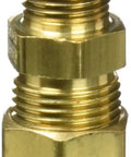 Brass pipe fitting connector with threaded ends for secure attachment in plumbing applications.