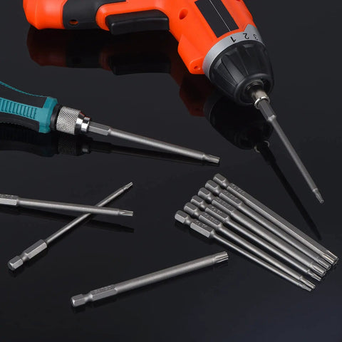Torx Security Screwdriver Bit Set 10 Piece T6 To T40 With Quarter Inch Magnetic Hex Shank 4 Inch Long S2 Steel shown with drills