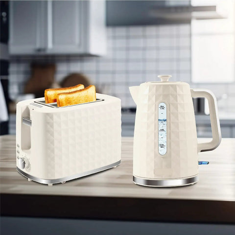 1.7L Electric Kettle With Fast Boil 1200W For Quick Hot Water, 360 Degree Cordless Design in beige next to toaster