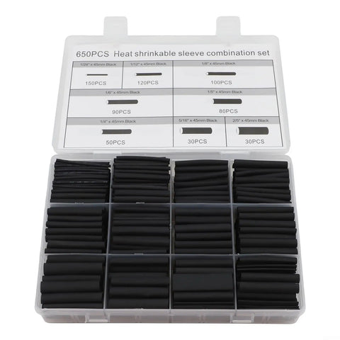 This Awesome 650 Piece Heat Shrink Tubing Kit With 2 To 1 Ratio Delivers Super Secure Wire Wraps That Stick Tight And Won't Slip Even In Hot Or Cold Temps Plus The Massive Assortment Covers All Your Electrical Projects No Matter How Big Or Small They. 650-piece black heat shrink tubing kit in assorted sizes, 45mm lengths, for wire insulation and cable repair.