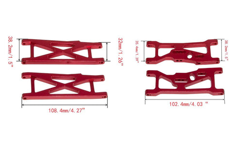 Front And Rear Swing Suspension Arms Upgrade Kit For 1 By 10 22S SCT 2WD Short Course RC Car Aluminum Alloy Parts Durable High Strength Build With 2 Tools Red, showing arm dimensions and red color.