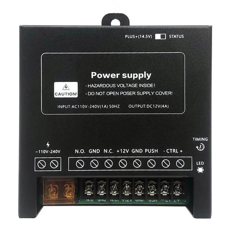 Front view of Heavy Duty Power Supply Controller For Door Access Systems With 110 To 240 Volt AC Input And 12 Volt DC 4 Amp Output Ideal For Electric Locks Intercoms And Security Cameras Global Voltage Ready Easy Install