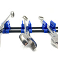 Blue clips holding wrenches in the Space Saving 42 Wrench Organizer Set With Infinitely Adjustable Dividers on black rods.