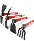 4 Piece Garden Tool Set With 10.6 Inch Wooden Handles, showcasing pick axe, hoe, hand tiller, garden rake, forged steel heads