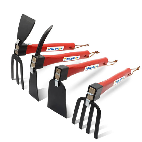 4 Piece Garden Tool Set With 10.6 Inch Wooden Handles, showcasing pick axe, hoe, hand tiller, garden rake, forged steel heads