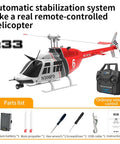 C138 RC Helicopter 2.4G 6CH with stabilization system, remote control, and parts list including battery and propeller details.