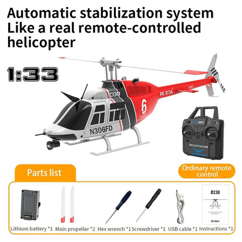C138 RC Helicopter 2.4G 6CH with stabilization system, remote control, and parts list including battery and propeller details.