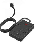 Ten Foot Extension Cord Power Strip With Eight Widely Spaced Outlets And Six USB Ports Including One USB C Flat Plug in black