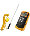 K Type Thermocouple Probe Handheld Temperature Sensor Stainless Steel Tip Built To Last In Harsh Environments High Temperature Range Minus 50 To 400 C Easy To Clean Workhorse For Industrial And Lab Use TP15, shown with digital display and yellow cable