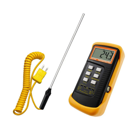 K Type Thermocouple Probe Handheld Temperature Sensor Stainless Steel Tip Built To Last In Harsh Environments High Temperature Range Minus 50 To 400 C Easy To Clean Workhorse For Industrial And Lab Use TP15, shown with digital display and yellow cable