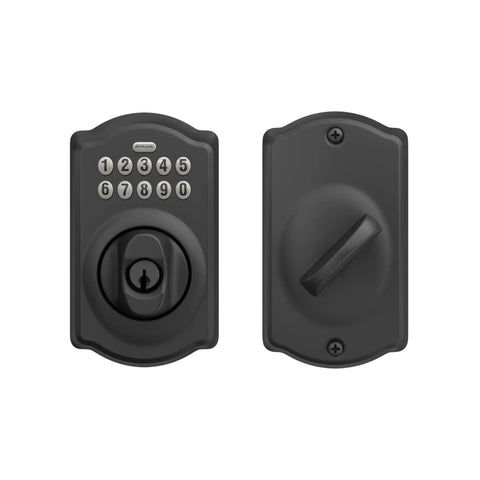 Front and back view of Camelot Electronic Keypad Deadbolt Lock With Keyless Front Door Entry and Mechanical Key Backup, Matte Black Finish, BE365 CAM 622
