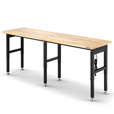 Beefy 4000 Lb Capacity Adjustable Workbench With Power Outlet And Pegboard, heavy duty steel frame, 96x24 inch rubber wood top