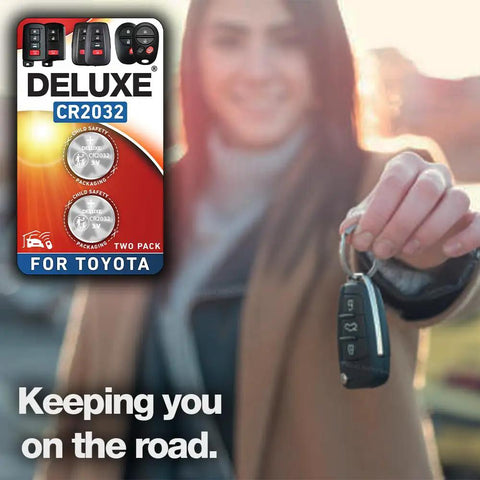 Fresh Replacement Key Fob Batteries For Toyota Remote Keeping Your Vehicle Alive And Running Smooth With Two Cr2032 Cell Packs in packaging.