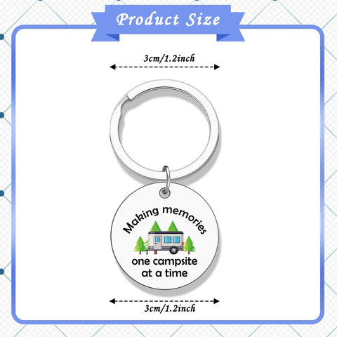 Camper Keychain Gift For RV Lovers And Campers, Travel Trailer Accessory, 1.2 inch stainless steel with campsite design.