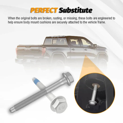 Cab Body Mount Cushion Bolt Kit 6 Pack 4.75 Inch Grade 10.9 Steel With Screws And Washers For Cadillac Cab Mounts Replacement Rugged Auto Grade Hardware installed under truck cab