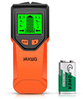 Wall Stud Finder in firework color with green display, next to a 9V battery, features easy-to-read interface.
