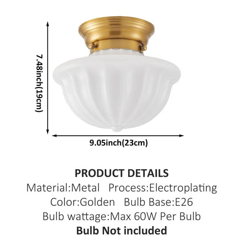 Gold Finish Schoolhouse Light Fixture 9 Inch Retro Vibe Modern Mid Century Semi Flush with Opal Milk Glass Shade, 9.05" x 7.48"