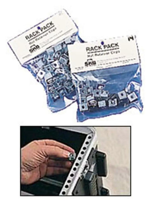 Kickass Equipment Rack Mount Hardware Kit Featuring Twelve Nut Retainer Clips And Heavy Duty Screws in bags with clips being installed.