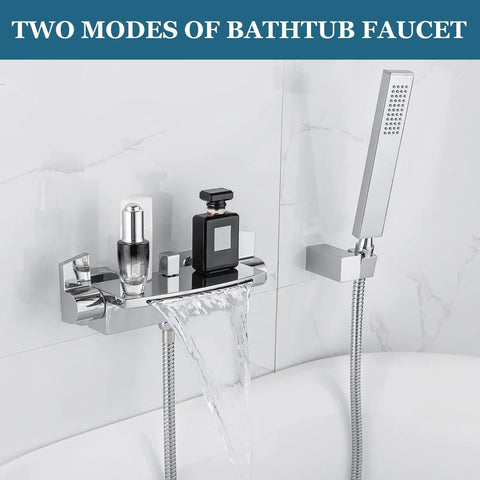 Polished Chrome Waterfall Bathtub Faucet With Wall Mount Dual Handle Brass Tub Spout Slick Handheld Shower Spray 59 Inch Hose