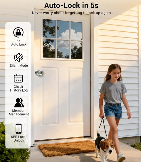 Child walking dog by entrance with No Sweat Fingerprint Smart Door Knob Lock With Nifty Keypad And Phone App Control.