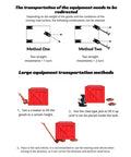 Instructional diagram on large equipment transportation methods using tools for lifting and direction adjustment.