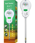 6-In-1 Soil Tester With 3 Probes For Moisture, pH, Fertility, Temperature, Light And Air Humidity, shown with packaging