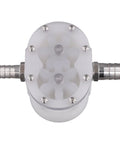Top view of Gear Pump For Viscous Food Fillers That Handles Honey And Sesame Butter Like A Boss, white plastic, metal fittings
