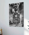 Vintage Steam Locomotive Canvas Wall Art Black And White Train Photography For Bold Industrial Decor In Living Room Office Or Man Cave 8x12 Inch Unframed Canvas depicting a dramatic steam engine with smoke