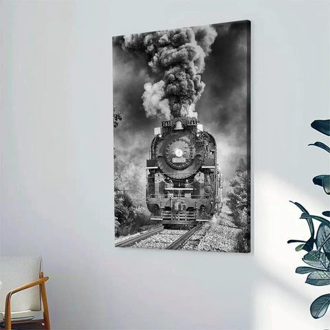 Vintage Steam Locomotive Canvas Wall Art Black And White Train Photography For Bold Industrial Decor In Living Room Office Or Man Cave 8x12 Inch Unframed Canvas depicting a dramatic steam engine with smoke